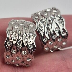 Vtg Silver Tone Clip On Earrings .75" Rhinestone Pavé Textured Wave Design